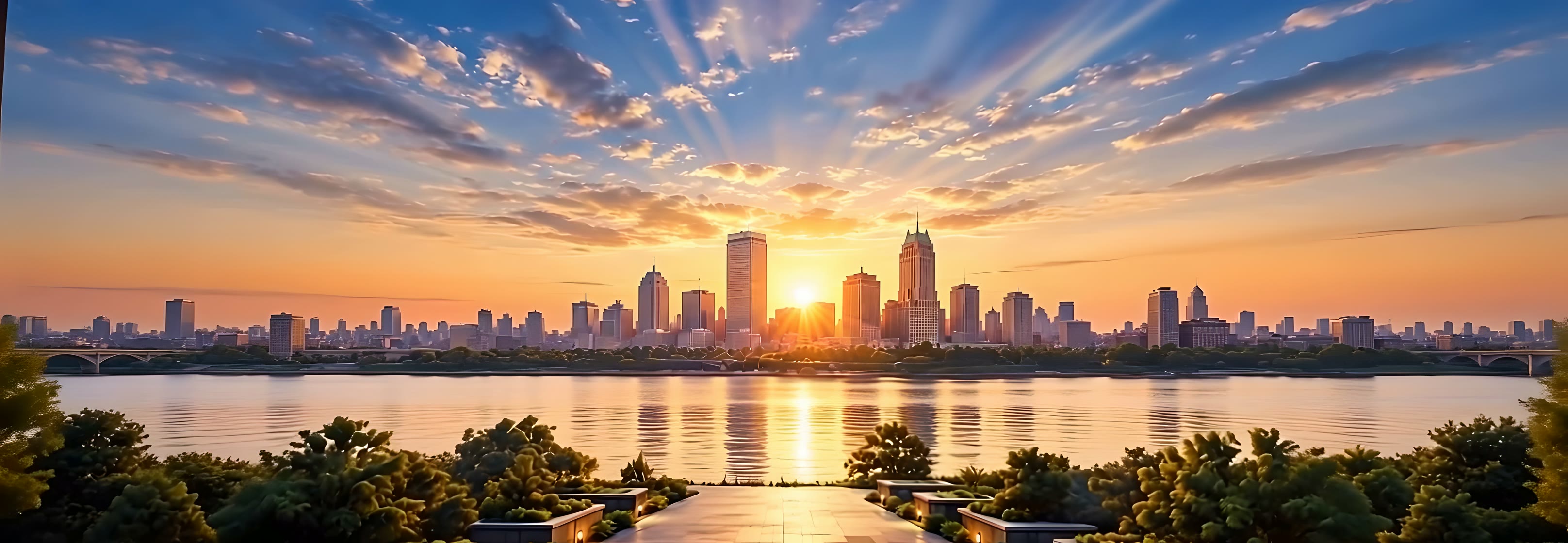 Illustrated city skyline at sunrise across a wide, calm river, seen from beyond the open gateway.